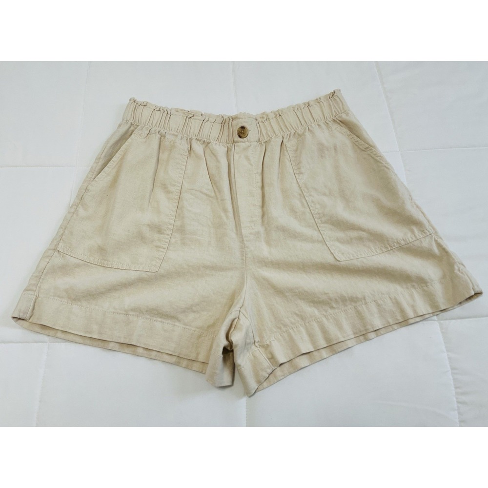 Loft Women's High Rise Utility Linen Shorts Beige Stretch Lightweight Pockets L - Picture 1 of 4